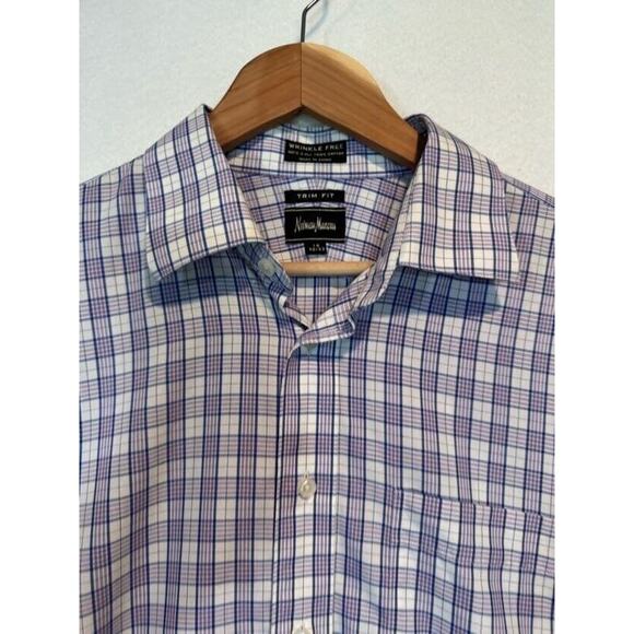 Neiman Marcus Mens Medium Purple Plaid Trim Fit Cotton Button Up Shirt 16 32/33 - Picture 4 of 12